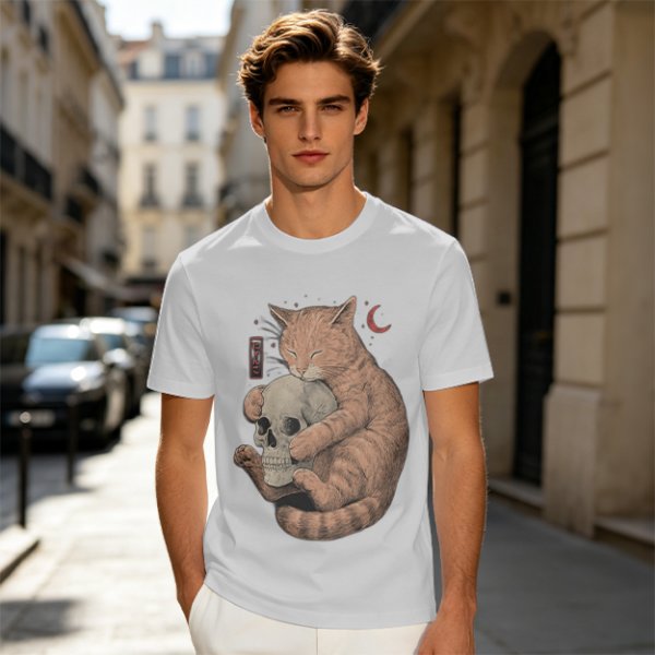 Olive T-Shirt Featuring a Ginger Cat Hugging a Skull