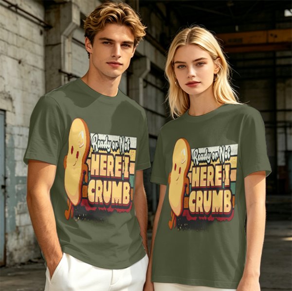Olive graphic tee with playful bread character and 'Ready or Not Here I Crumb' text