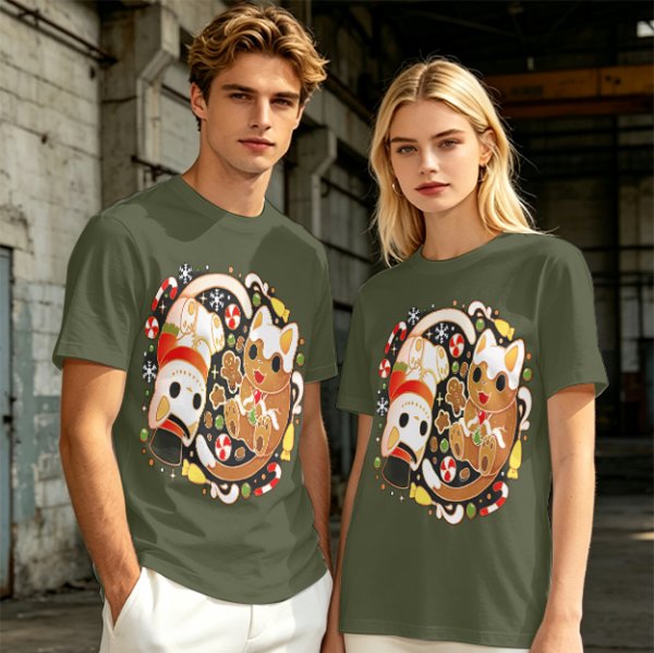 Olive Green T-Shirt With Christmas Cat Gingerbread Candy Print
