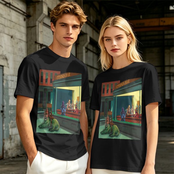 Olive T-Shirt With Surreal Bar Scene Graphic Print