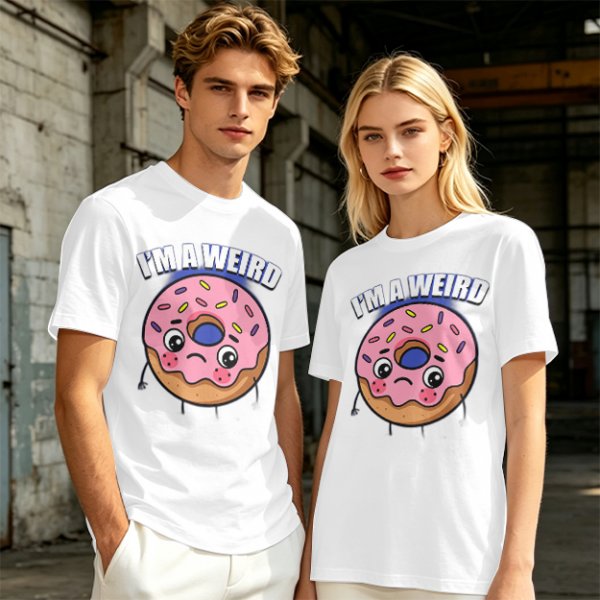 Olive green t-shirt with sad donut graphic and 'I'M A WEIRD' text
