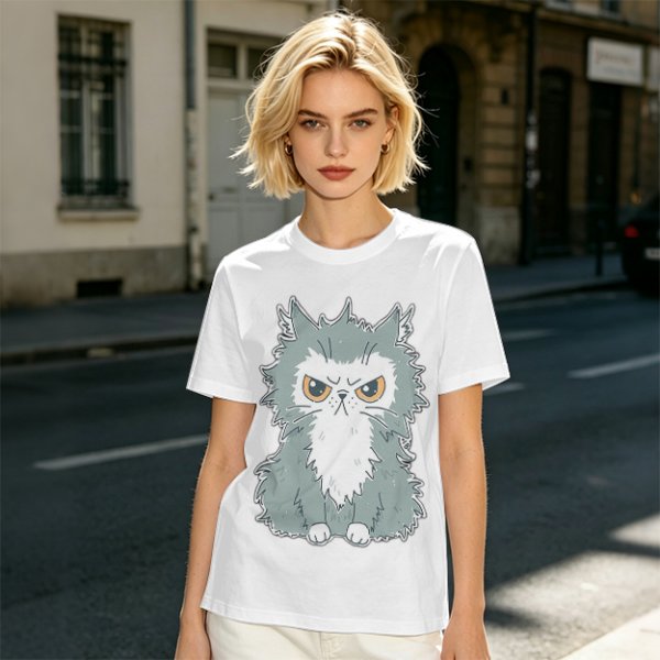 Olive T-shirt with Grumpy Fluffy Gray Cat Graphic Print