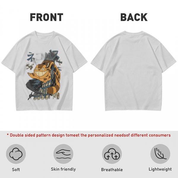 Olive T-shirt with giant cat bus monster and vintage planes graphic