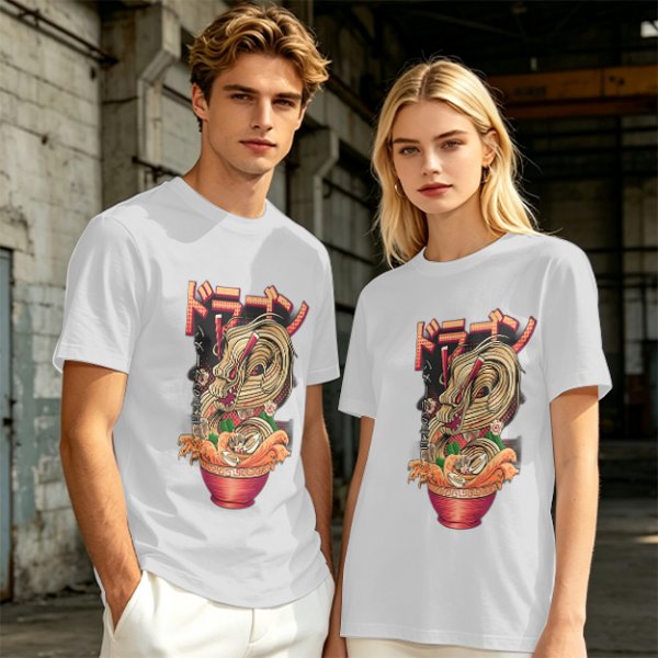 Olive T-Shirt with Japanese Ramen Dragon Graphic Print