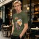 Oversized olive t-shirt with raccoon drinking beer graphic