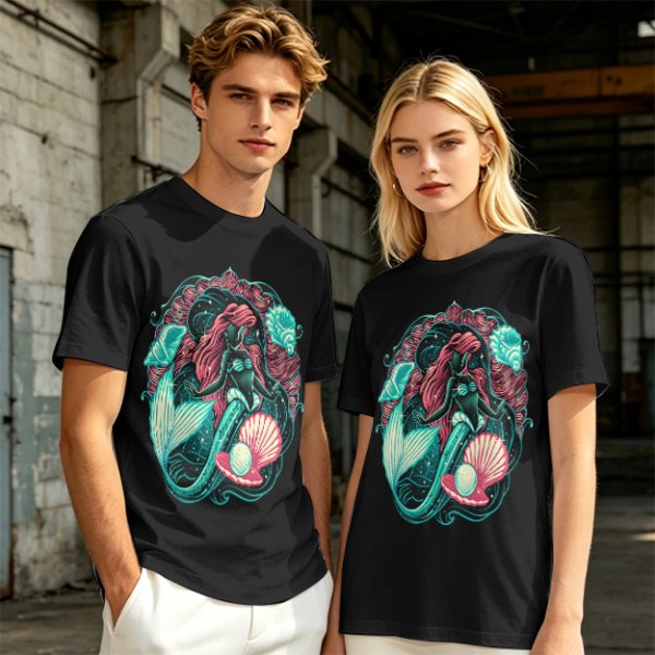 Olive T-Shirt With Mermaid And Seashell Graphic Print