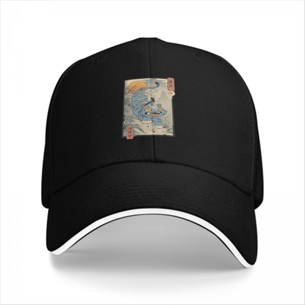Black Baseball Cap with Ukiyo-e Style Blue Tiger Print