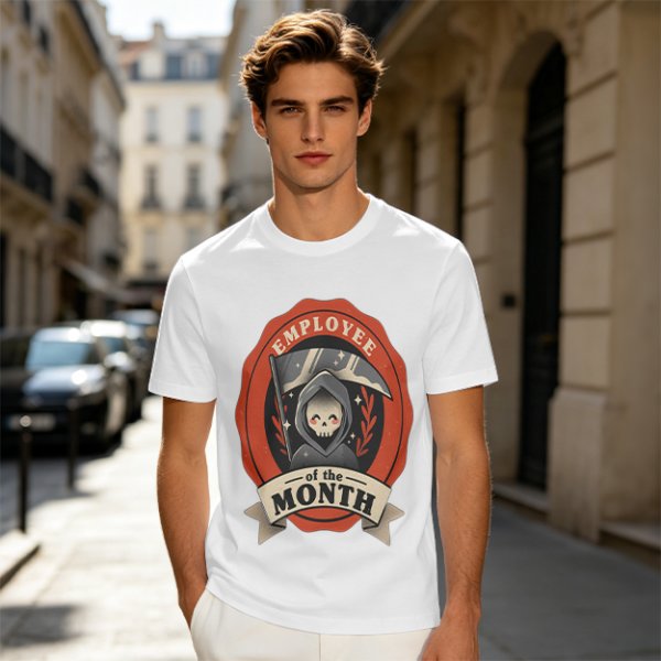 Olive T-Shirt with Cute Grim Reaper Employee of the Month Print