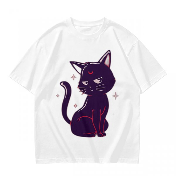 Olive T-Shirt with Sassy Black Cat and Crescent Moon Graphic