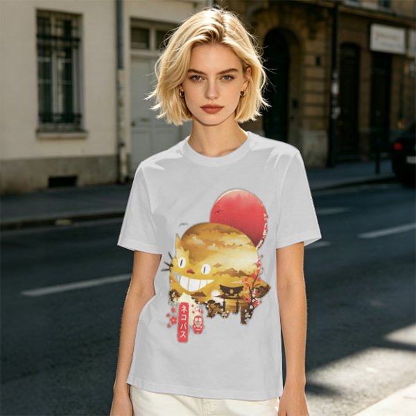 Olive t-shirt with Japanese cat bus and sun graphic