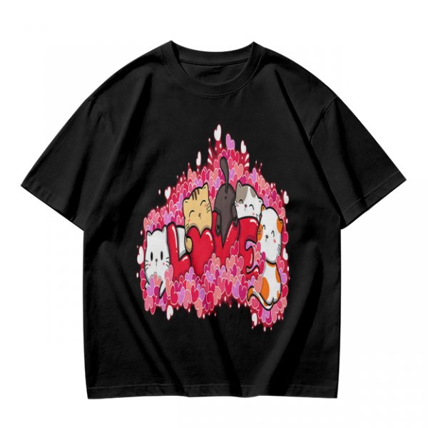 Olive green t-shirt with cute cats and love hearts graphic