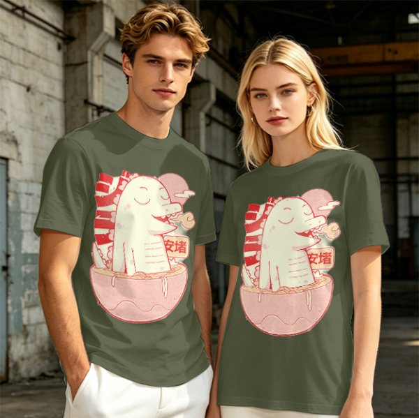 Olive t-shirt with a cartoon dinosaur in a ramen bowl graphic