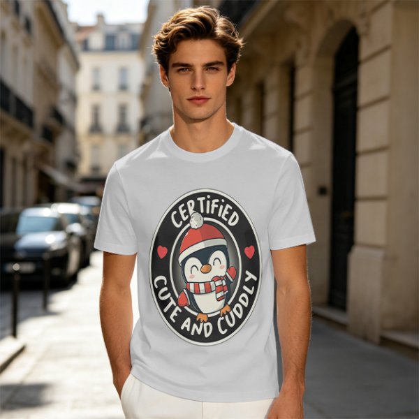 Olive T-Shirt with Cute Penguin 'Certified Cute and Cuddly' Print