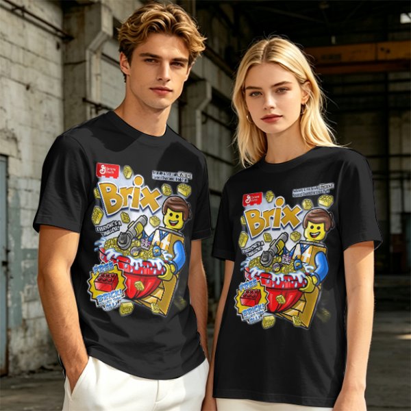 Olive t-shirt with Lego-style Brix cereal graphic print