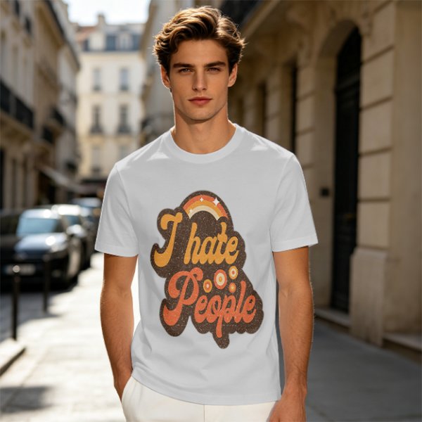 Olive Green Retro Graphic T-Shirt with "I Hate People" Print