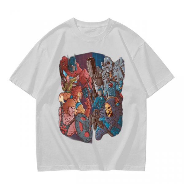 Olive T-shirt with 80s cartoon character crossover graphic