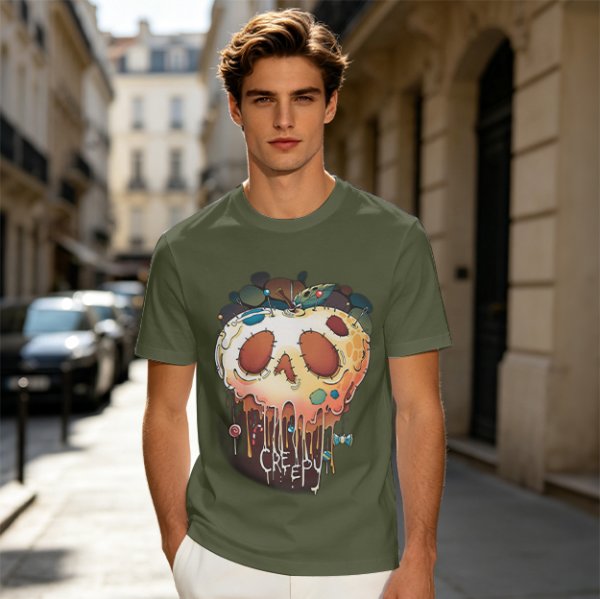 Olive Green T-Shirt With Creepy Melting Skull Apple Graphic