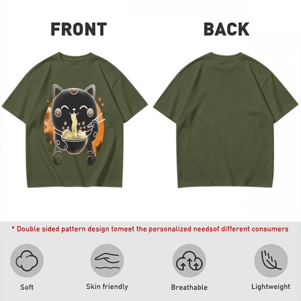 Olive T-Shirt Featuring Black Maneki-neko Cat Eating Ramen