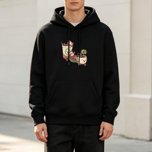 Black hoodie with cute anthropomorphic coffee cups graphic
