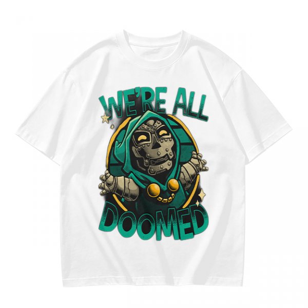 Olive T-Shirt Featuring 'We're All Doomed' and Doom Character Art