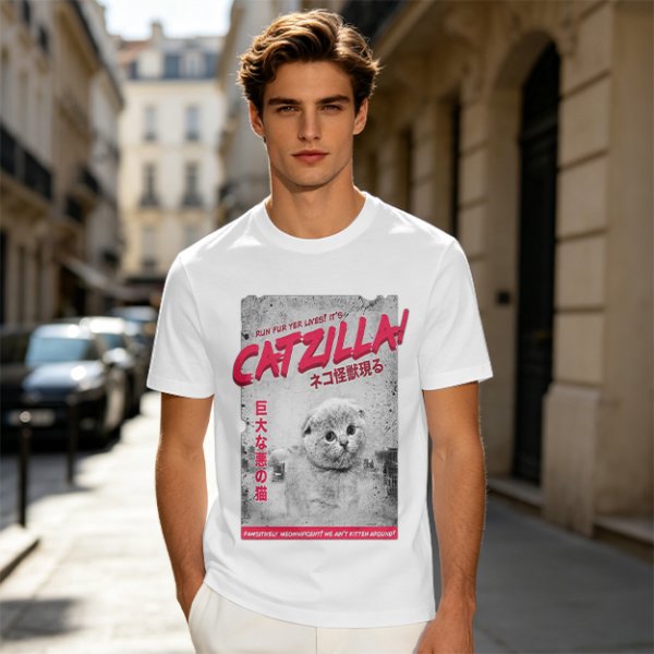 Olive green t-shirt with Catzilla giant cat monster graphic print