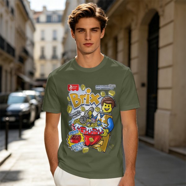 Olive t-shirt with Lego-style Brix cereal graphic print