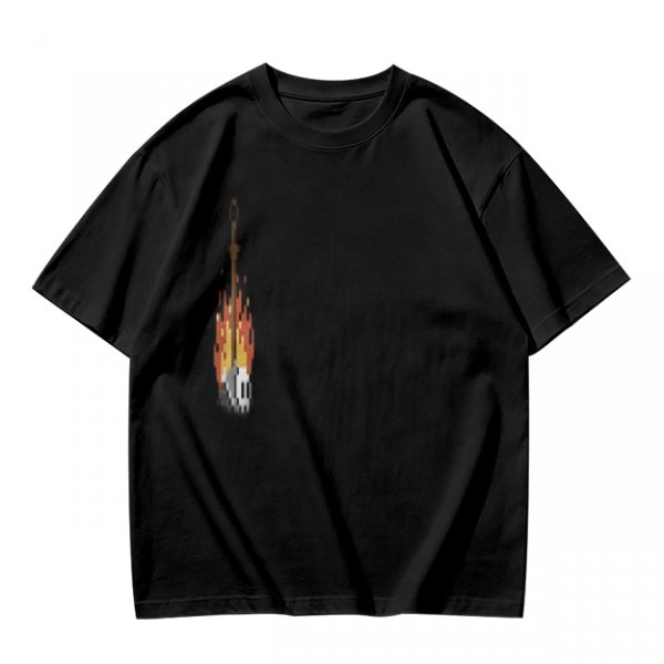 Olive Green T-Shirt With Pixel Art Skull Sword And Fire Print