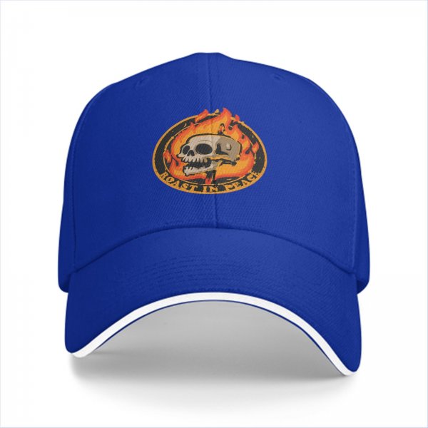 Black baseball cap with roast in peace skull and fire graphic