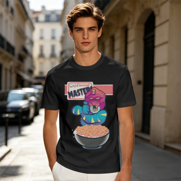 Olive T-Shirt With Cartoon Monster Cereal Bowl Graphic And Eternal Masters Text