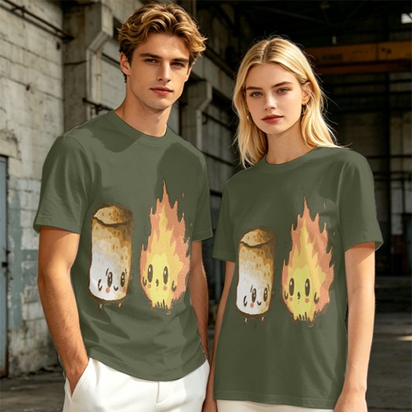 Olive T-Shirt With Cute Roasted Marshmallow And Fire Graphic