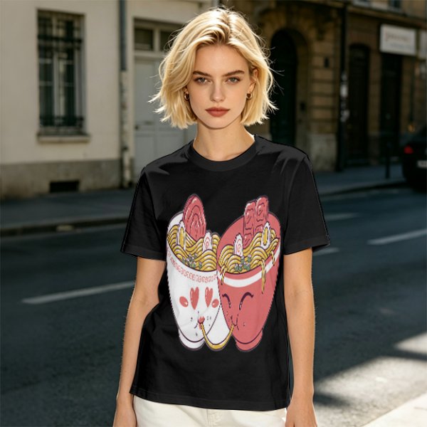 Olive T-Shirt With Cute Ramen Cups In Love Graphic