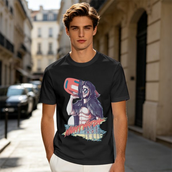 Olive Graphic T-Shirt with Muscular Figure Holding Red Device and Night Watch Text