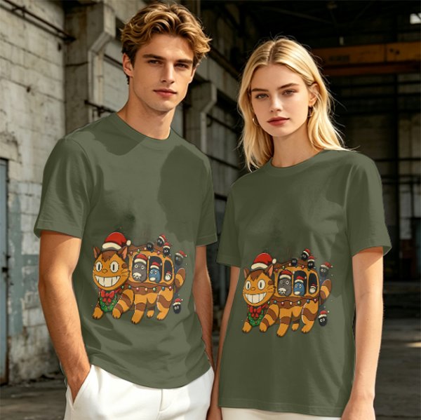 Christmas Catbus T-Shirt with Festive Spirited Away Characters
