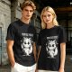 Olive graphic t-shirt with angry cartoon cat holding knife