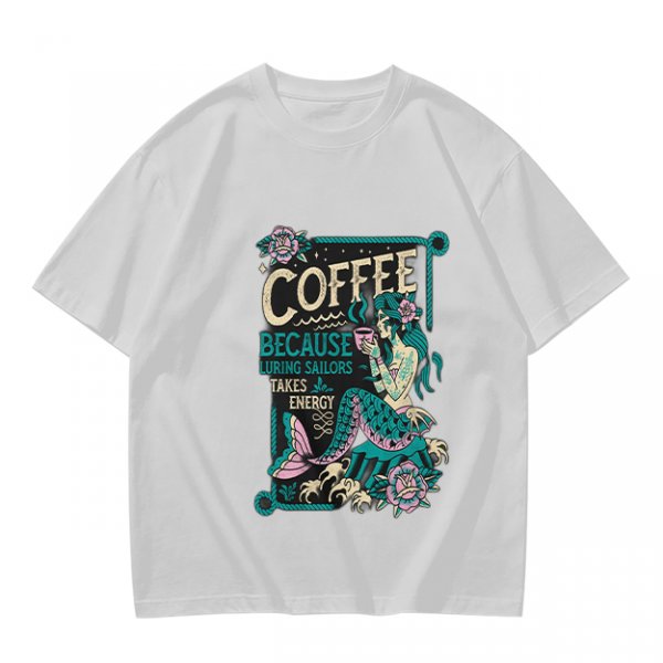Olive t-shirt with mermaid coffee print 'Coffee Because Luring Sailors Takes Energy'