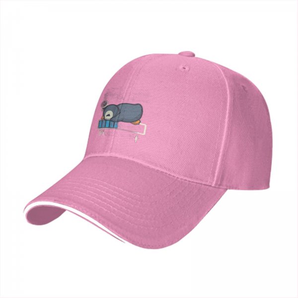 Black baseball cap with sleepy penguin low battery graphic