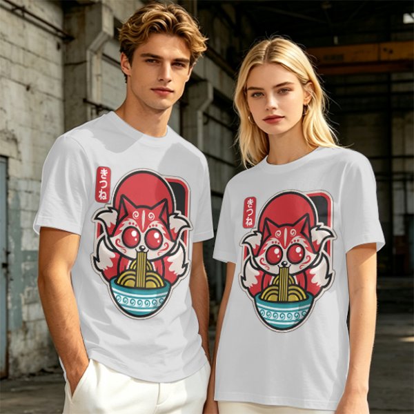 Olive t-shirt with cute kitsune fox eating ramen graphic