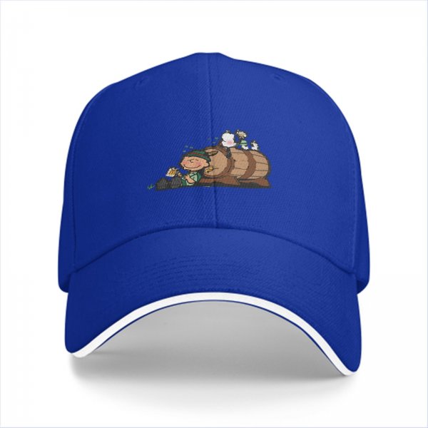 Black baseball cap with cartoon leprechaun and beer barrel graphic
