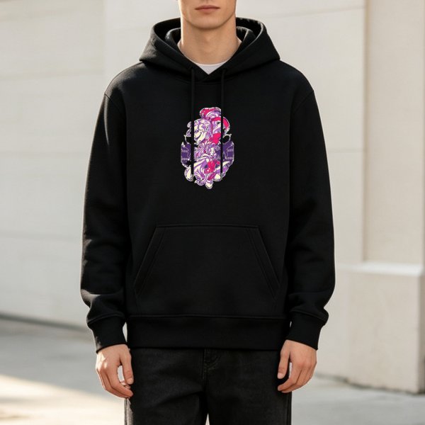 Black Hoodie With Purple And Pink Anime Style Graphic Print