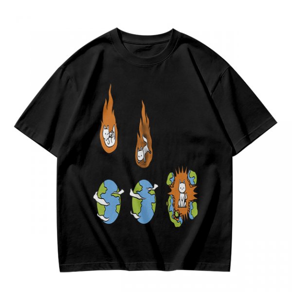 Olive Graphic Tee With Falling Cat Comets And Earth Artwork