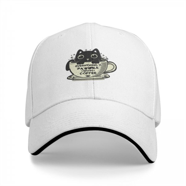 Black Baseball Cap With Cat In Coffee Cup 'Everything Is Pawsible With Coffee' Print