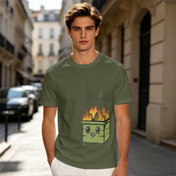Olive Green T-Shirt With Cartoon Burning Dumpster Graphic