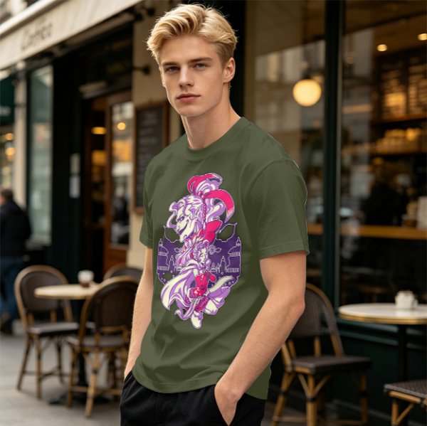 Olive Green T-Shirt With Fantasy Character Graphic Print