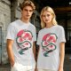 Olive T-shirt with stylized white dragon and red circular graphic print