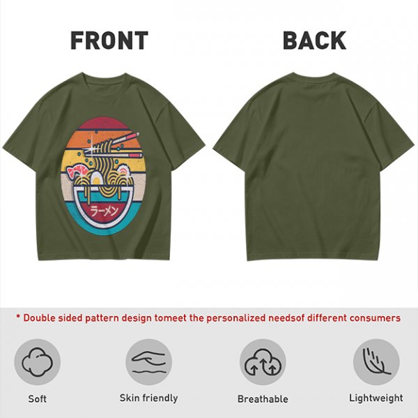 Olive T-shirt with Retro Ramen Bowl Chopsticks Graphic
