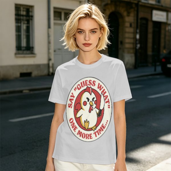 Olive t-shirt with angry chicken holding knife and funny text design