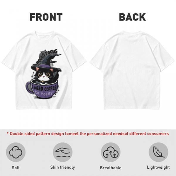 Olive t-shirt with witch cat in coffee cup 'Hocus Pocus I Need Coffee'