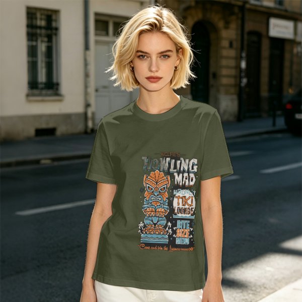 Olive t-shirt with Howling Mad Tiki Lounge graphic print