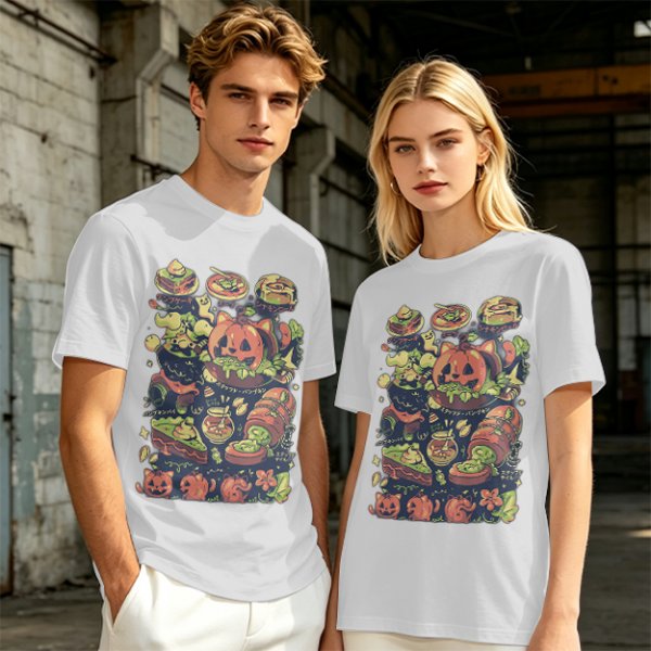 Olive T-Shirt With Halloween Themed Food And Pumpkin Cat Print