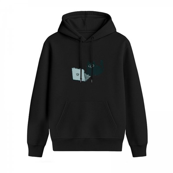 Black Hoodie with Cute Cat Using Laptop Graphic
